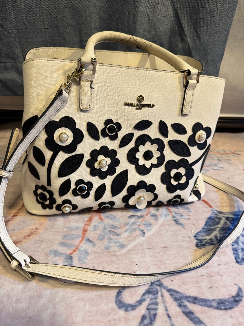 Karl Lagerfeld Cream Satchel with Black Floral Appliqués and Pearl Accents